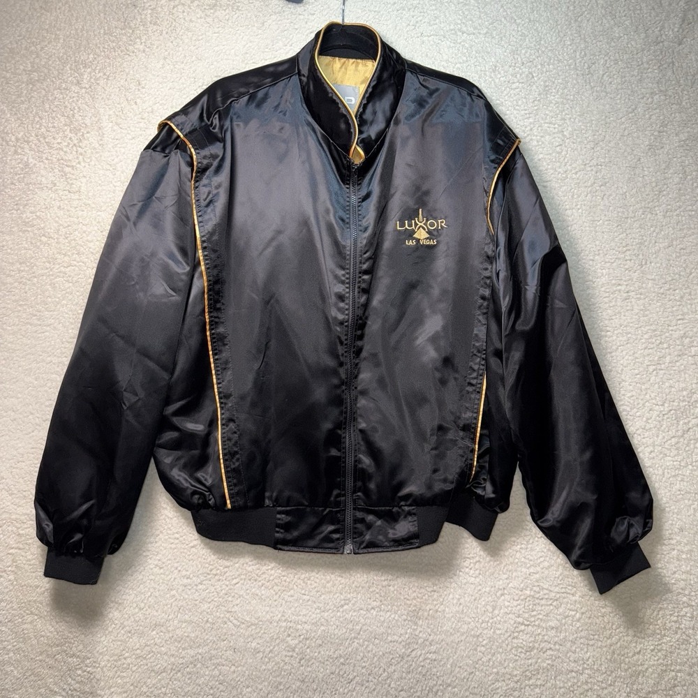 Vintage Luxor Satin Bomber Jacket Mens XXL Black Made USA Embroidered Las Vegas